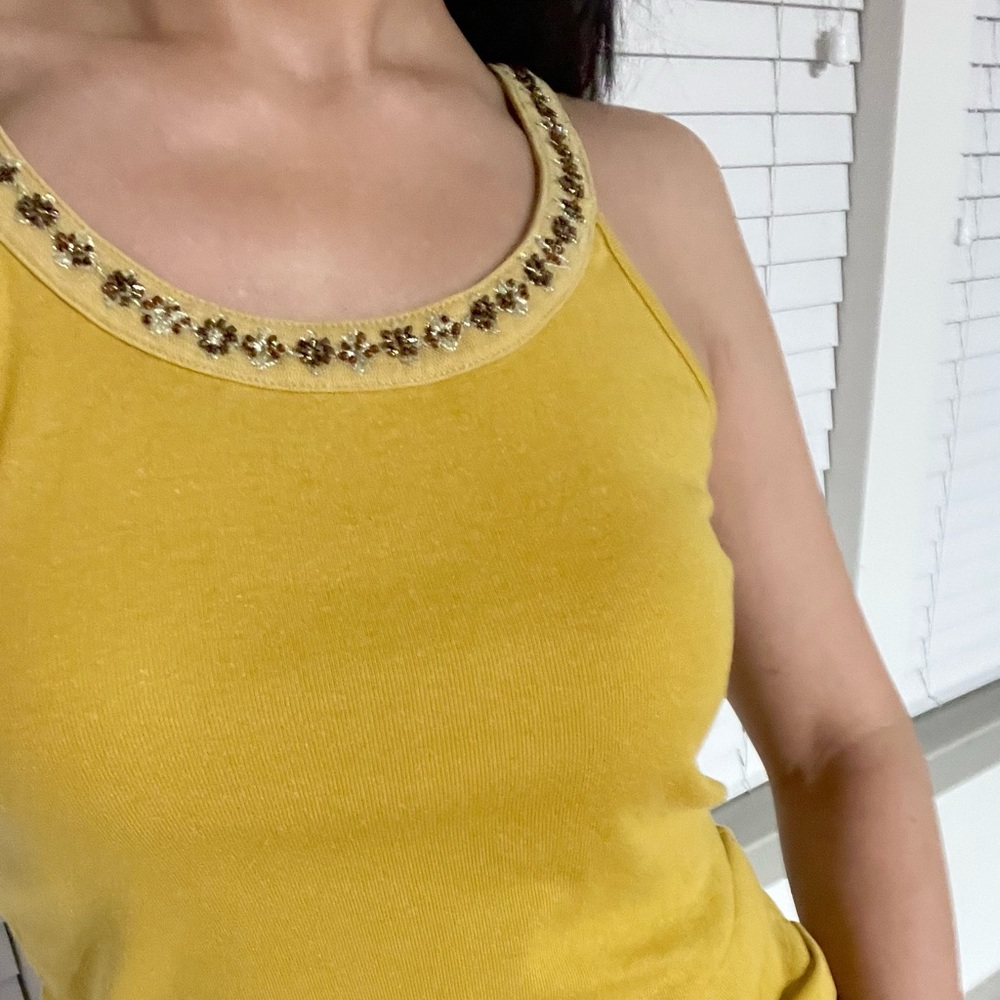 Japanese Brand Mustard Yellow Tank Top with Brown Beads & Golden Trim